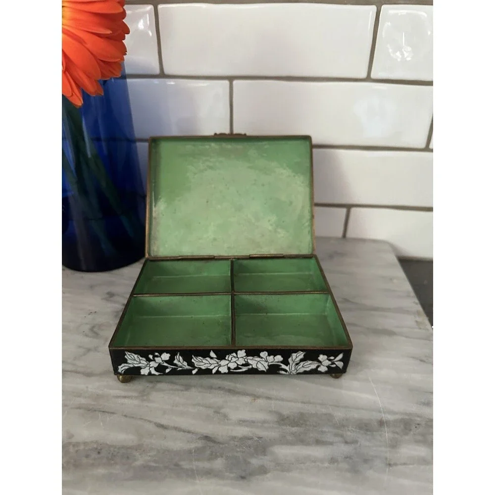 Early 20th Century Chinese Floral Cloisonné Cloisonne Black Box Brass Enamel